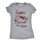 Womens Funny T Shirts Sippin Through The Snow Sarcastic Wine Graphic Drinking Tee For Ladies