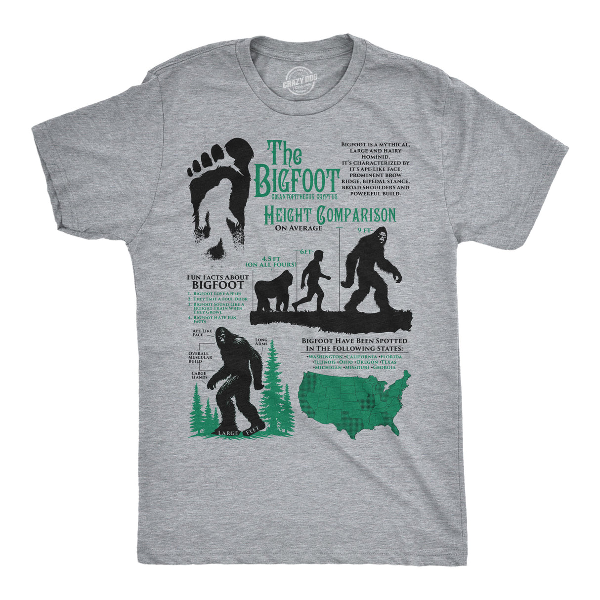 Mens Funny T Shirts Bigfoot Facts Sheet Sarcastic Sasquatch Graphic Novelty Tee for Men