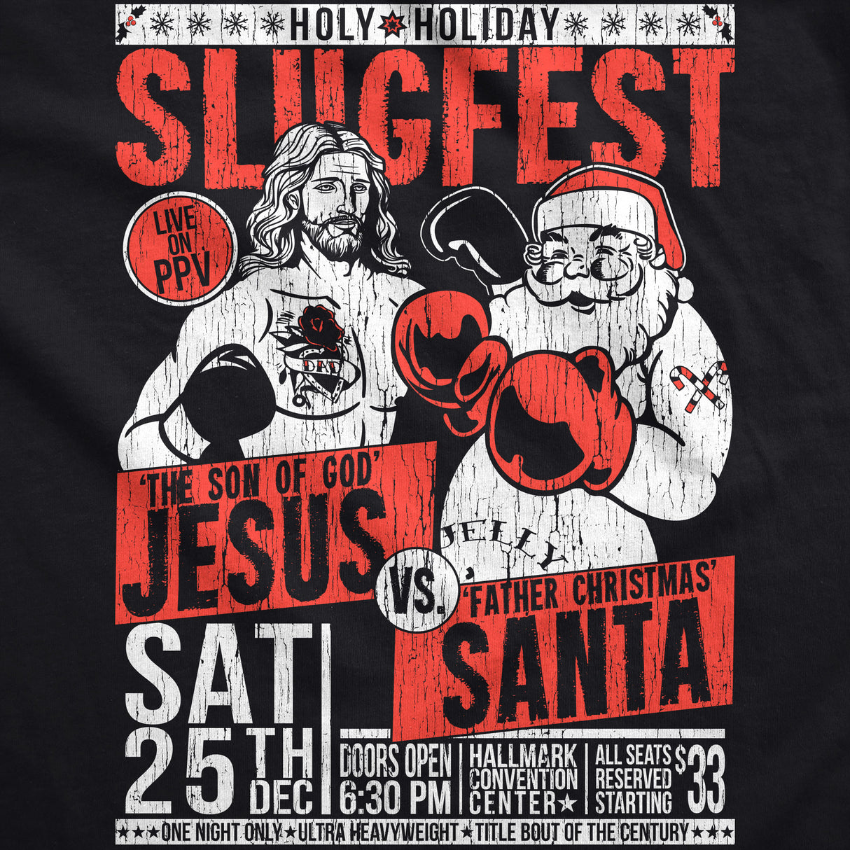 Holy Holiday Slugfest Unisex Hoodie Funny Sarcastic Christmas Boxing Match Flyer Graphic Hooded Sweatshirt