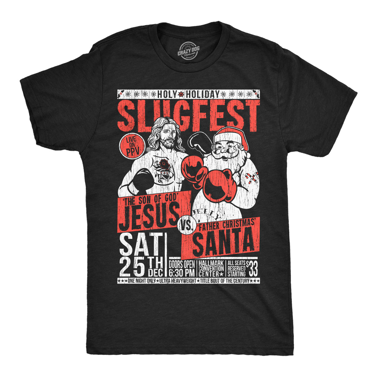 Mens Funny T Shirts Holy Holiday Slugfest Sarcastic Christmas Boxing Match Flyer Graphic Tee for Men