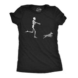 Womens Funny T Shirts Skeleton Chasing Dog Sarcastic Halloween Graphic Novelty Tee for Ladies