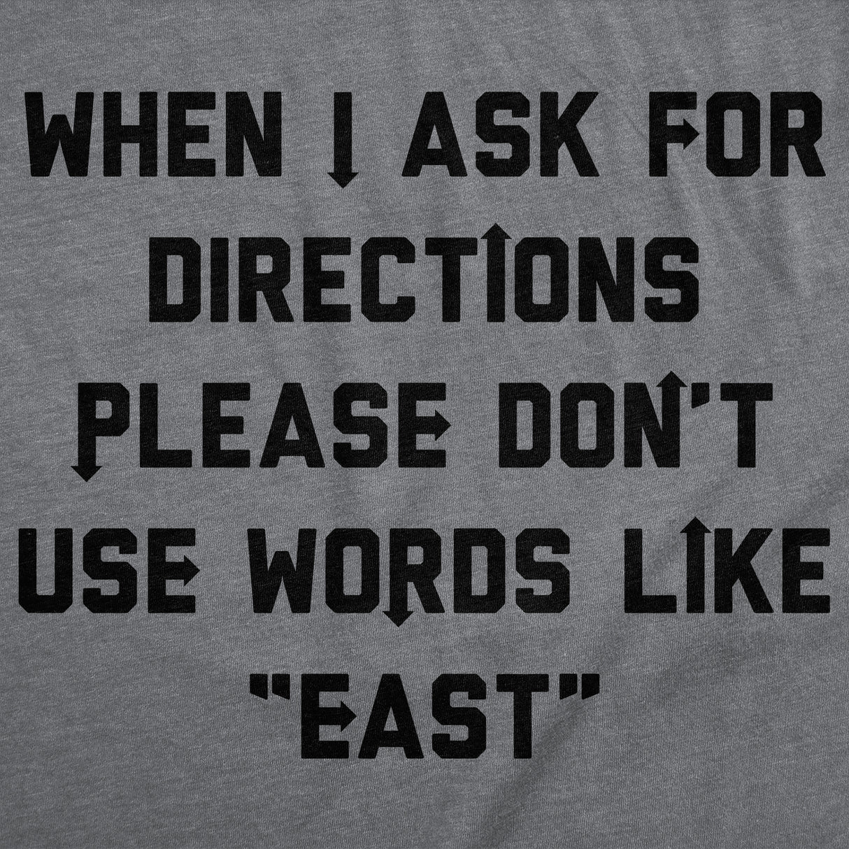 Mens Funny T Shirts When I Ask for Directions Please Dont Use Words Like East Sarcastic Graphic Novelty Tee for Men