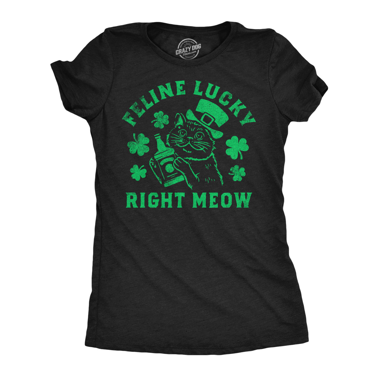 Womens Funny T Shirts Feline Lucky Right Meow Sarcastic St Patricks Day Kitten Graphic Tee for Ladies