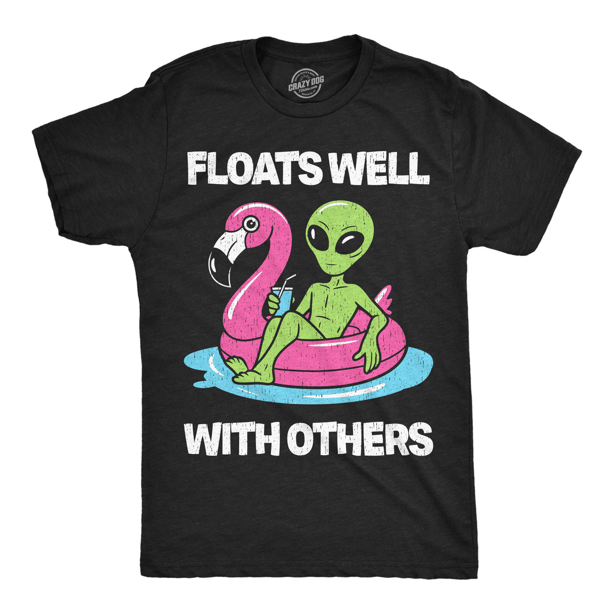 Mens Funny T Shirts Floats Well With Others Sarcastic Alien Graphic Novelty Pool Tee for Men