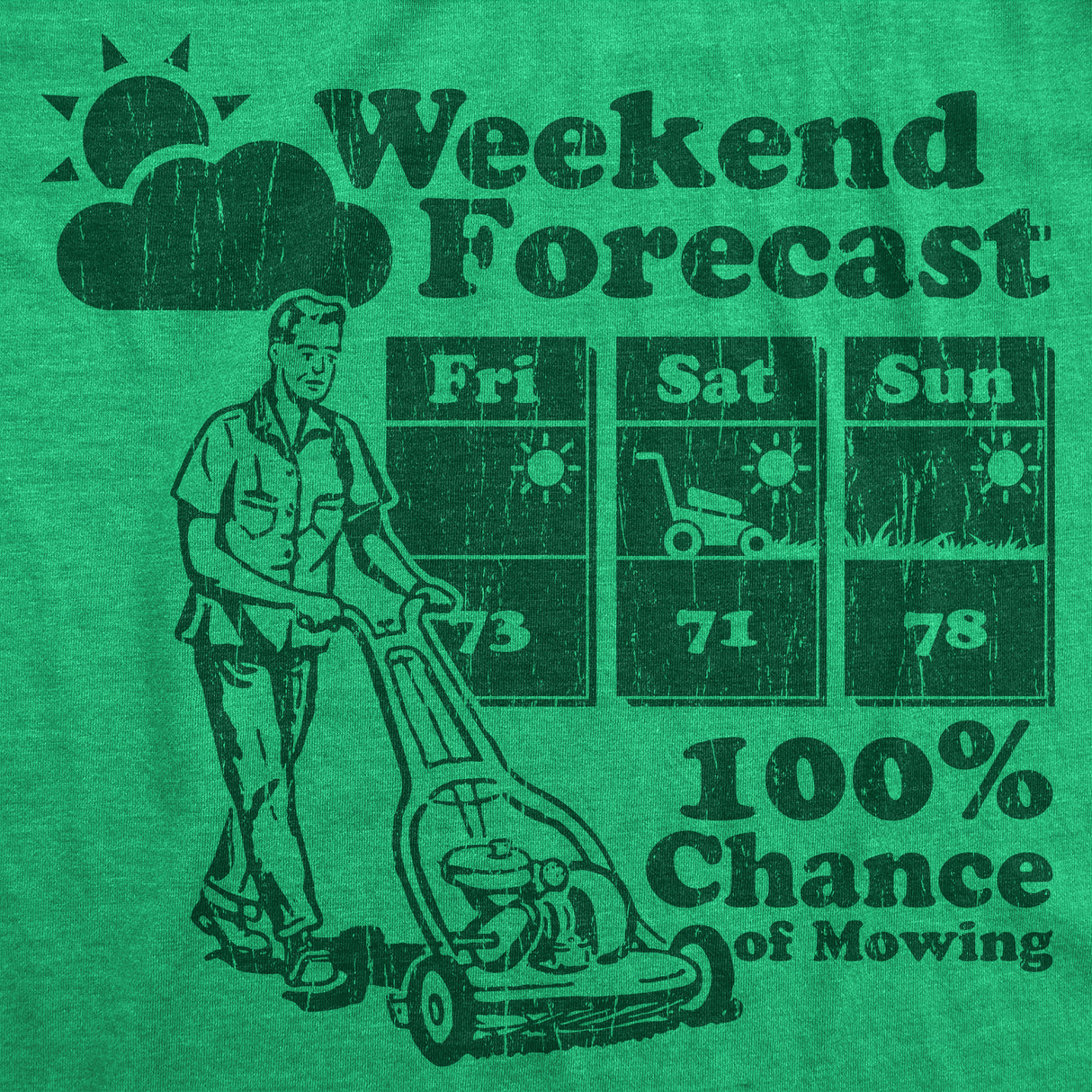 Mens Funny T Shirts Weekend Forecast 100% Chance Of Mowing Sarcastic Graphic Novelty Tee for Men