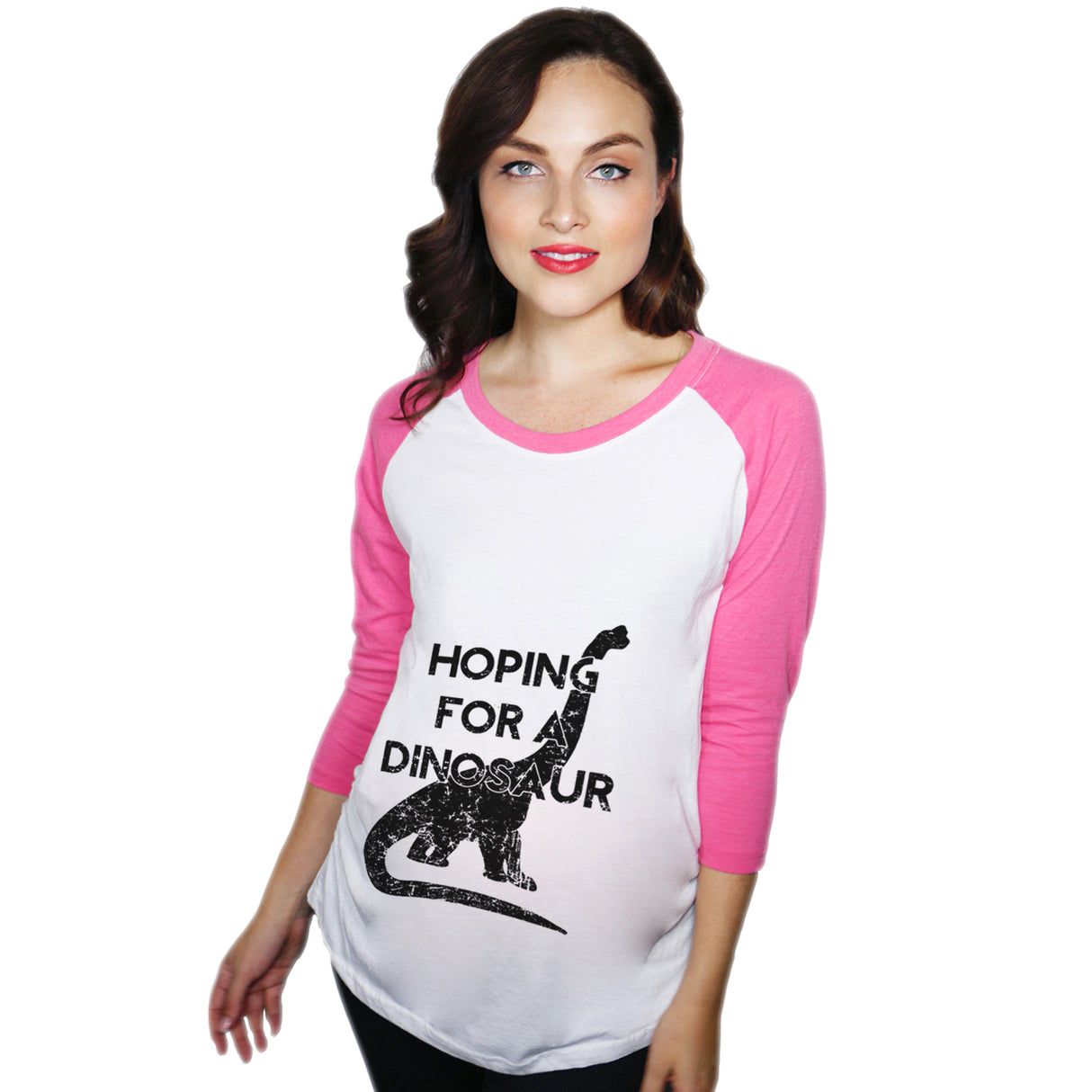 Maternity Raglan Hoping For A Dinosaur Cute Funny Pregnancy Baseball Tee