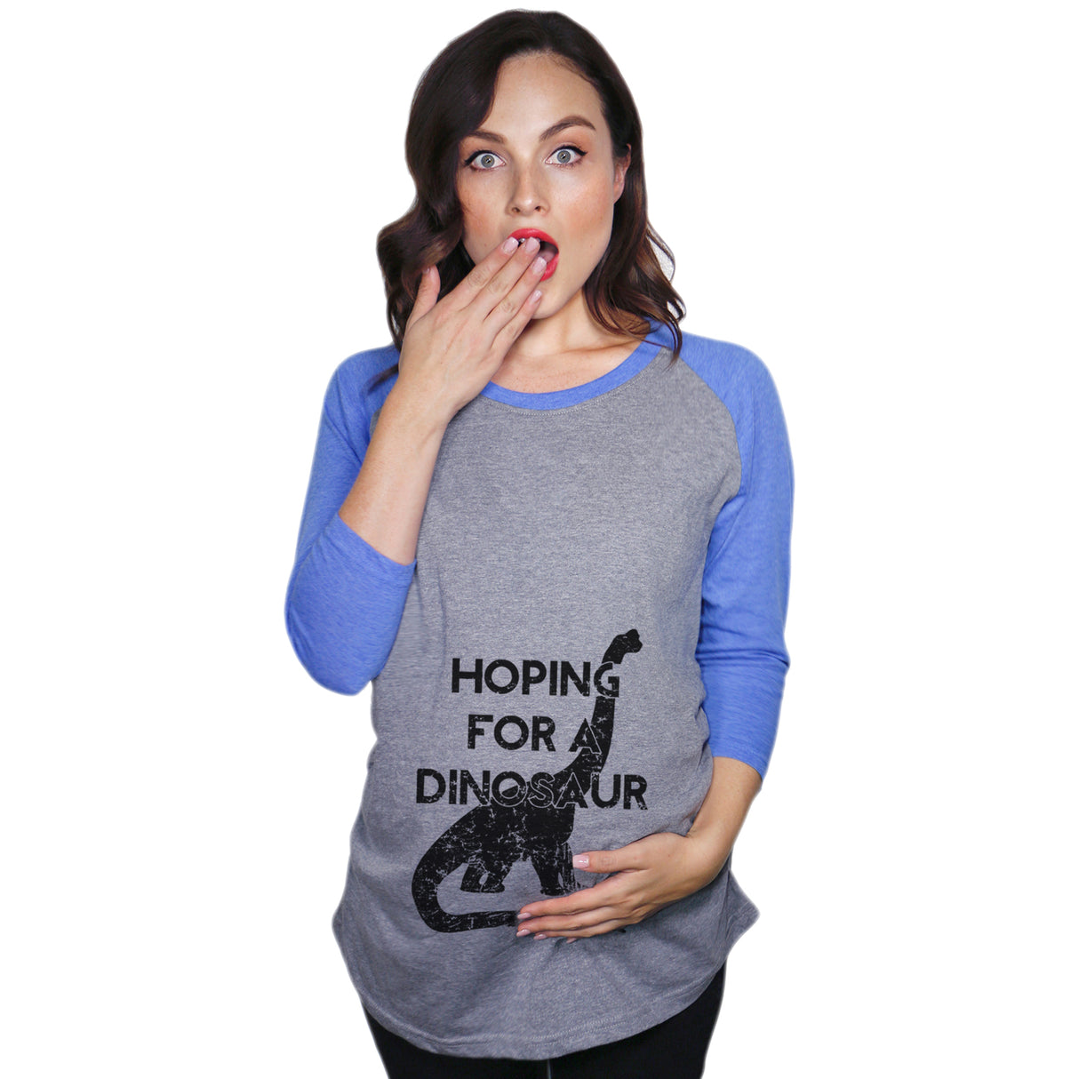 Maternity Raglan Hoping For A Dinosaur Cute Funny Pregnancy Baseball Tee