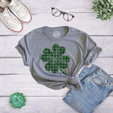 Womens Buffalo Plaid Shamrock T Shirt Funny Saint Patricks Day Lucky Irish Tee