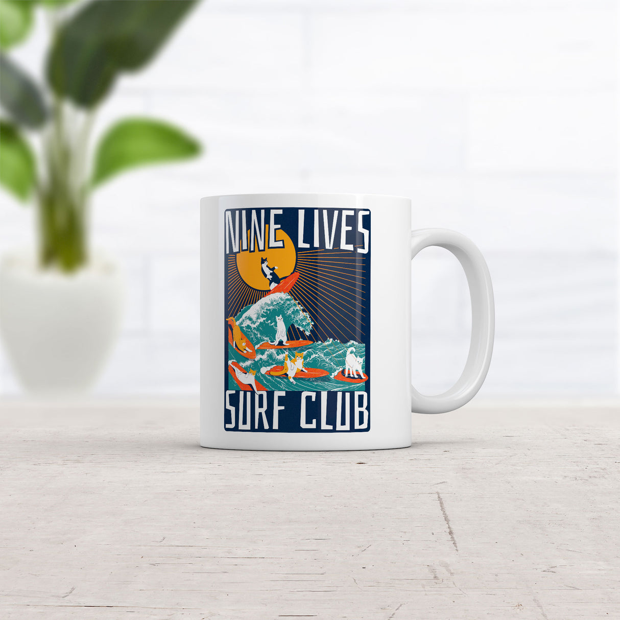 Nine Lives Surf Club Mug Funny Cat Graphic Novelty Coffee Cup-11oz