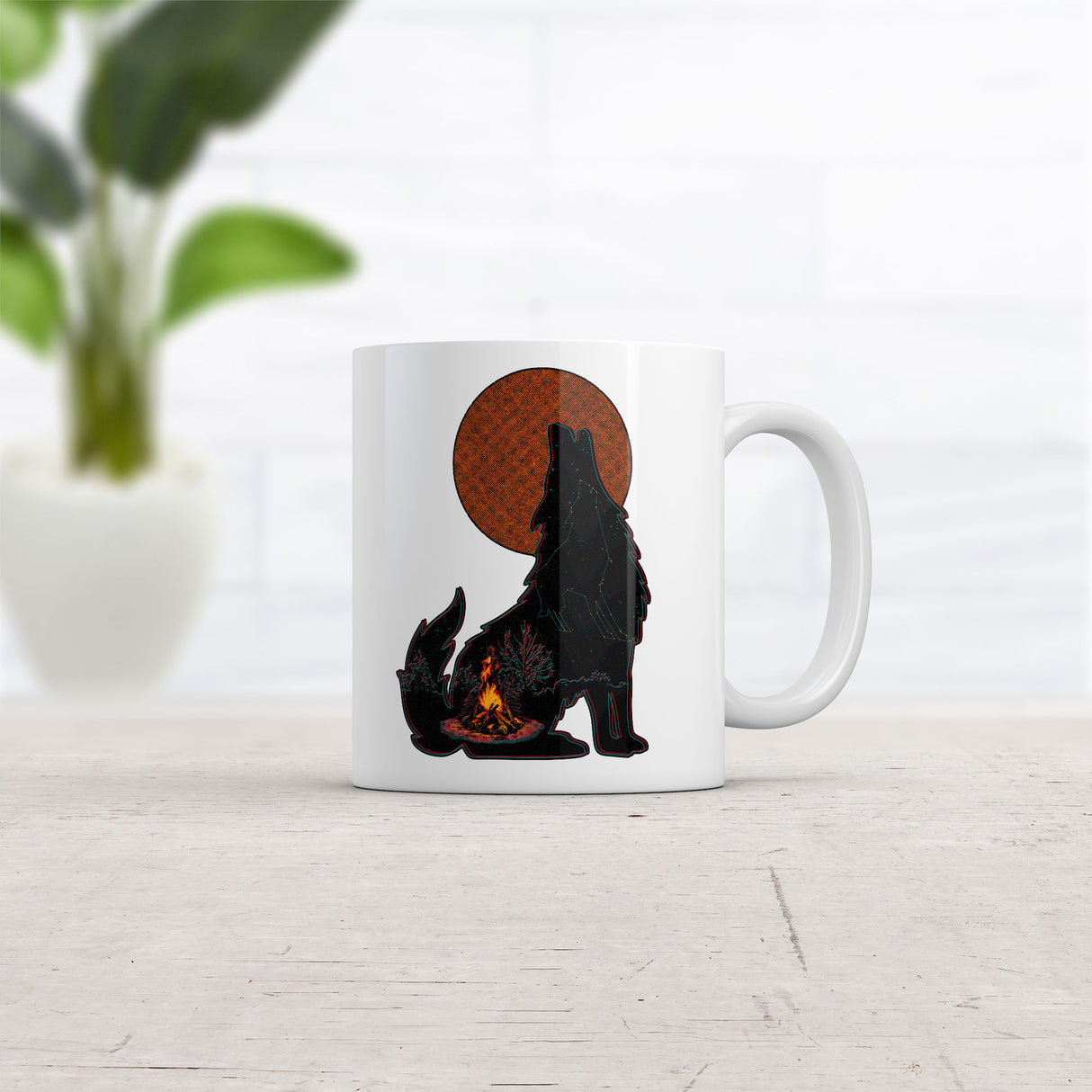 Campfire Wolf Mug Cool Nature Graphic Novelty Coffee Cup-11oz