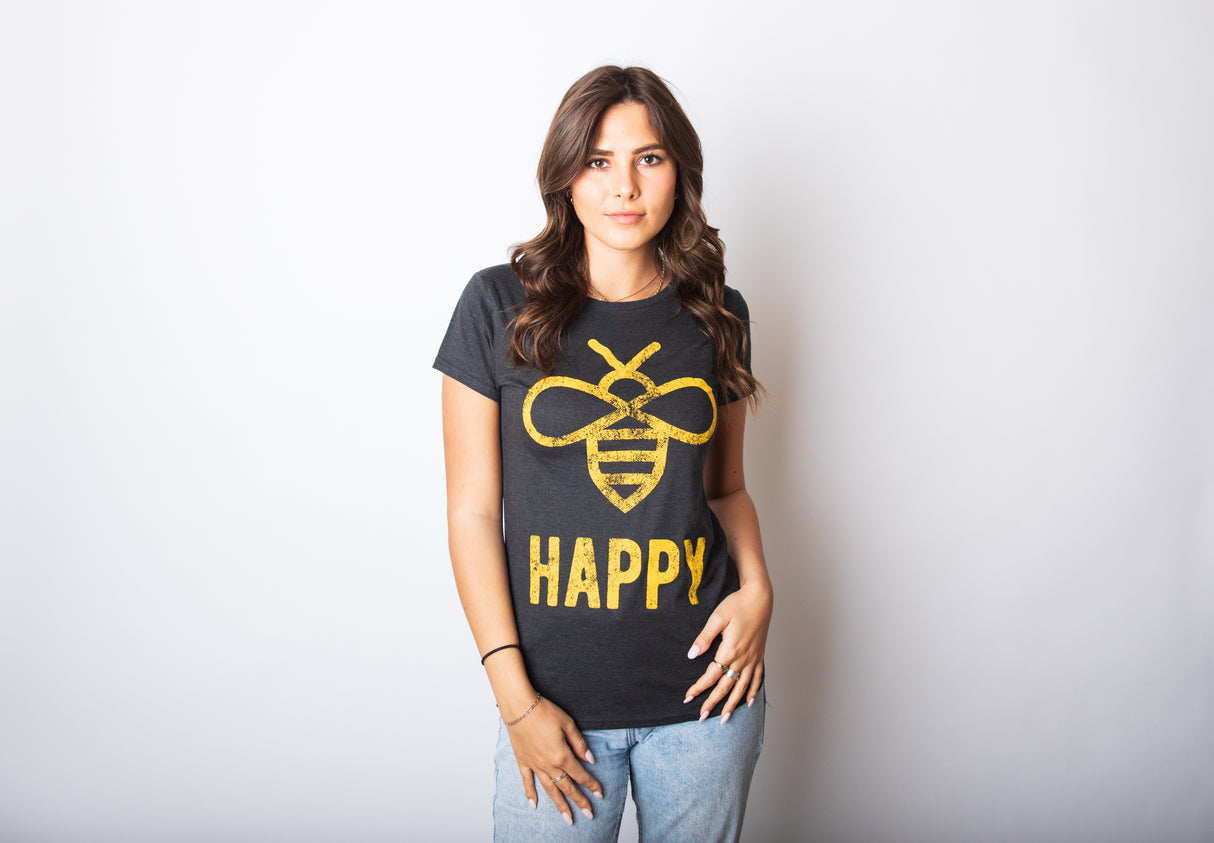 Womens Bee Happy T shirt Funny Vintage Graphic Honey Bumblebee Dad Joke Humor