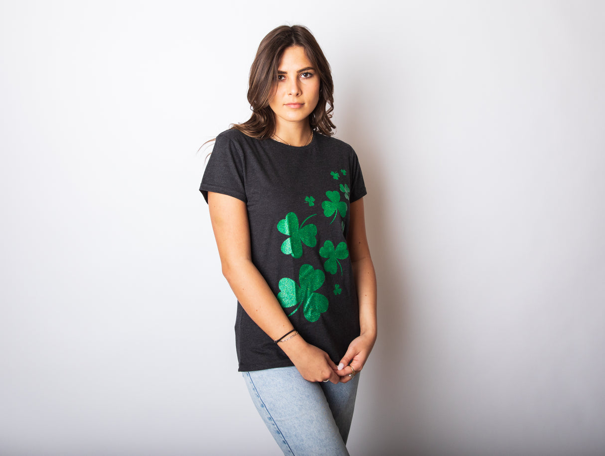 Womens Glitter Shamrocks T Shirt Funny St Saint Patricks Day Shamrock Clover Tee