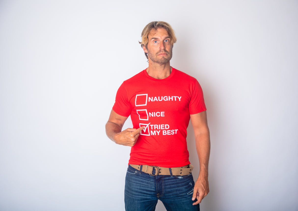 Mens Naughty List Nice List Tried My Best Funny Graphic Santa Christmas T shirt