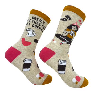 Women's Easily Distracted By Coffee Socks Funny Cute Caffeine Lovers Footwear