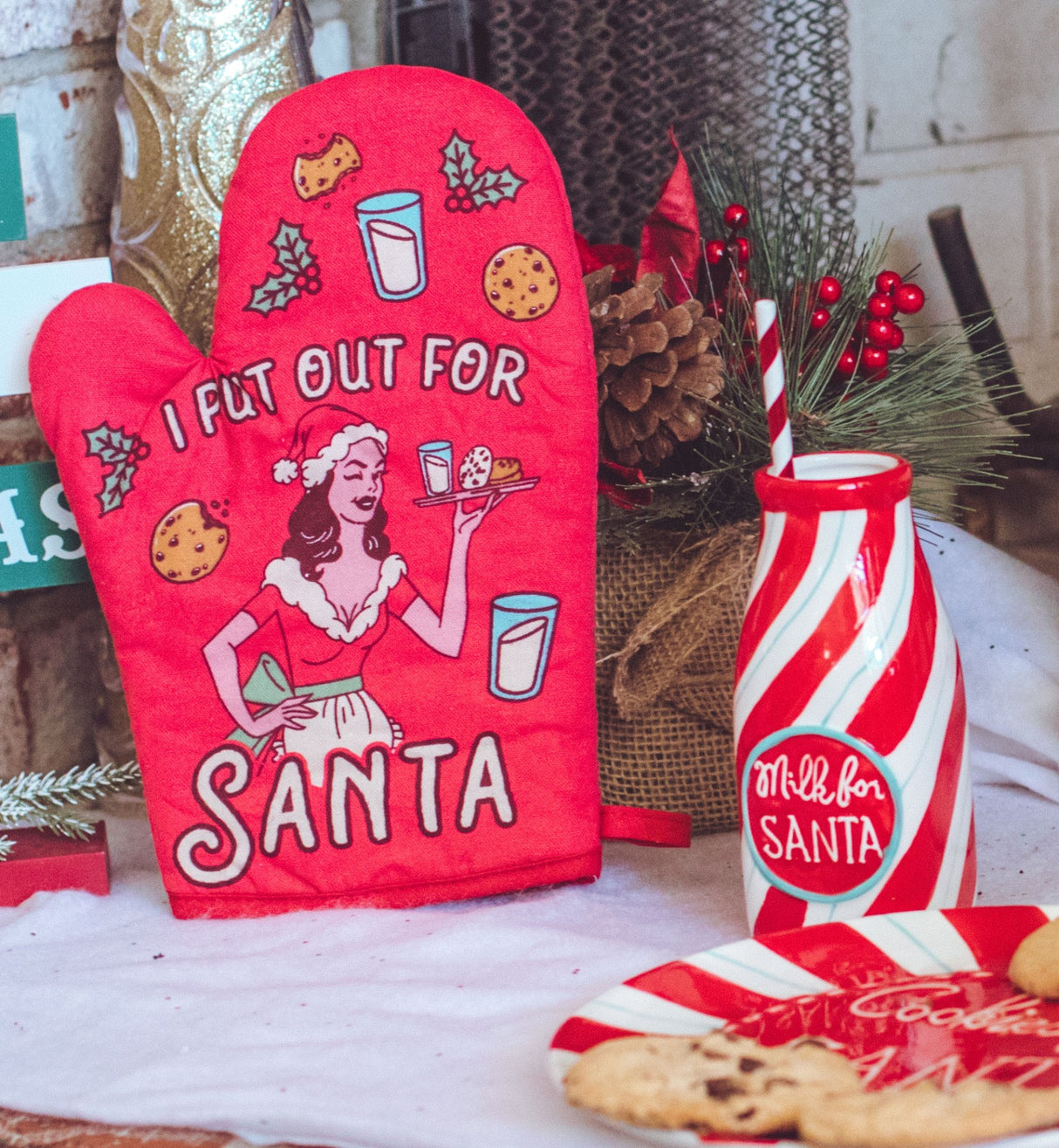 I Put Out For Santa Oven Mitt Funny Christmas Sexual Innuendo Milk And Cookies Kitchen Glove