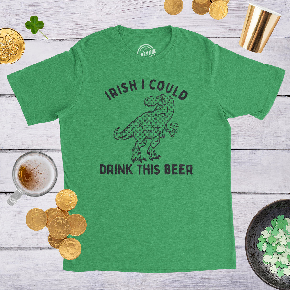 Mens Irish I Could Drink This Beer Tshirt Funny St Patricks Day T-Rex Dino Graphic Tee