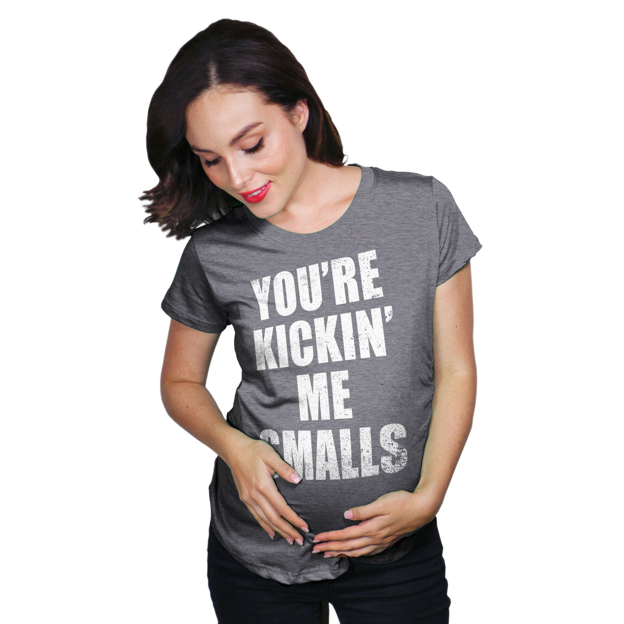 Maternity Kicking Me Smalls Funny T shirt Pregnancy Announcement Novelty Tee