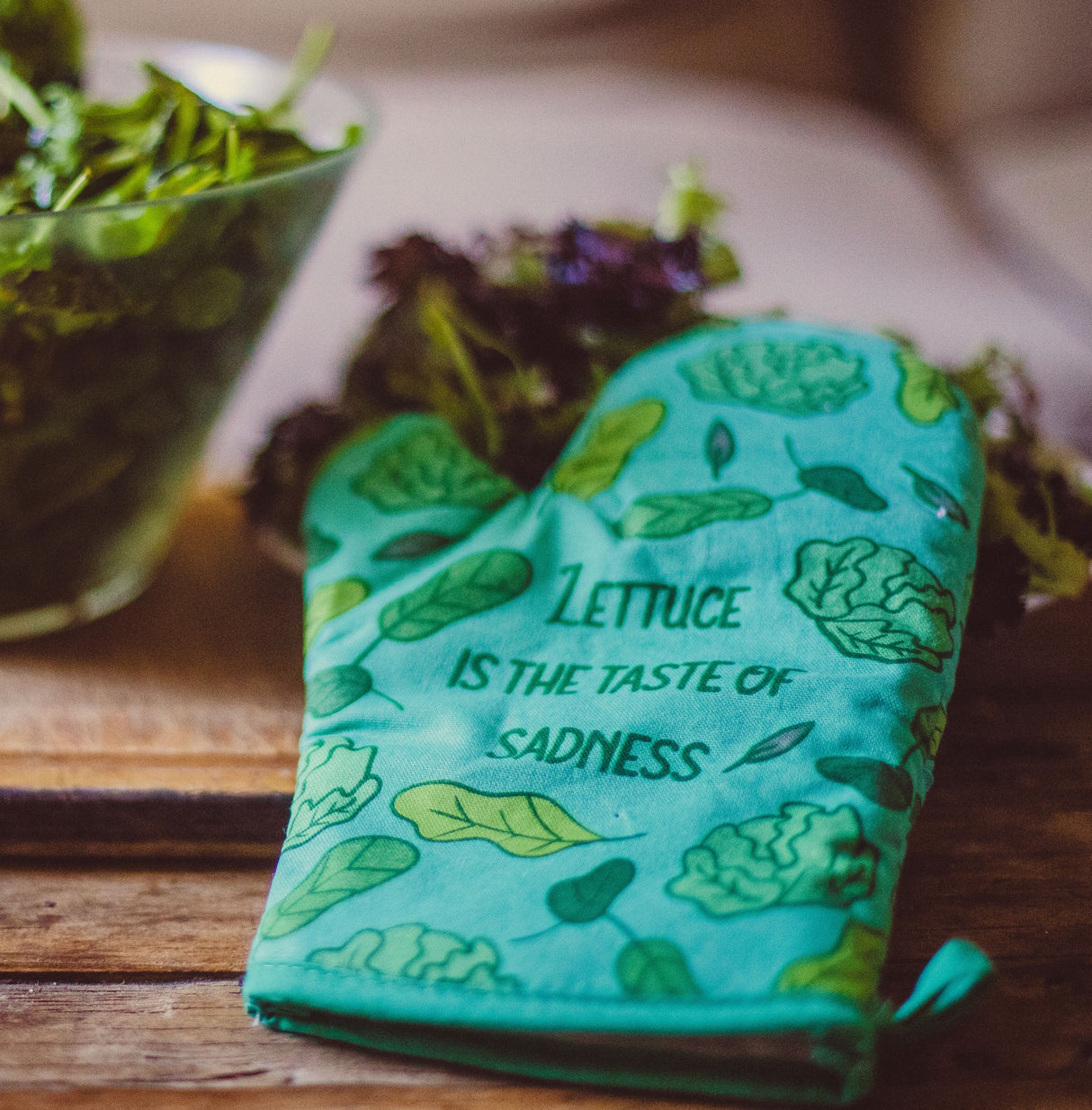 Lettuce Is The Taste Of Sadness Oven Mitt Funny Greens Salad Vegetable Sarcastic Kitchen Glove