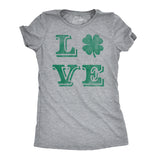 Womens LOVE Lucky Clover Saint Patricks Day Cute Irish St Patty Shamrock T Shirt