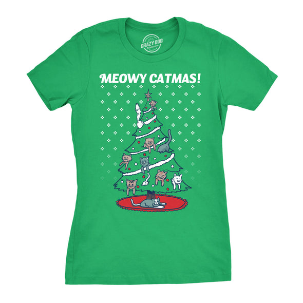 Womens Meowy Christmas Cat Shirt Tree Ugly Merry Crazy Funny Gift Sweater