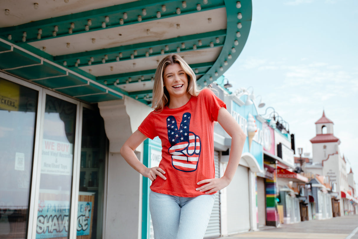 Womens Peace Sign American Flag Tshirt 4th Of July USA Patriotic Party Graphic Tee