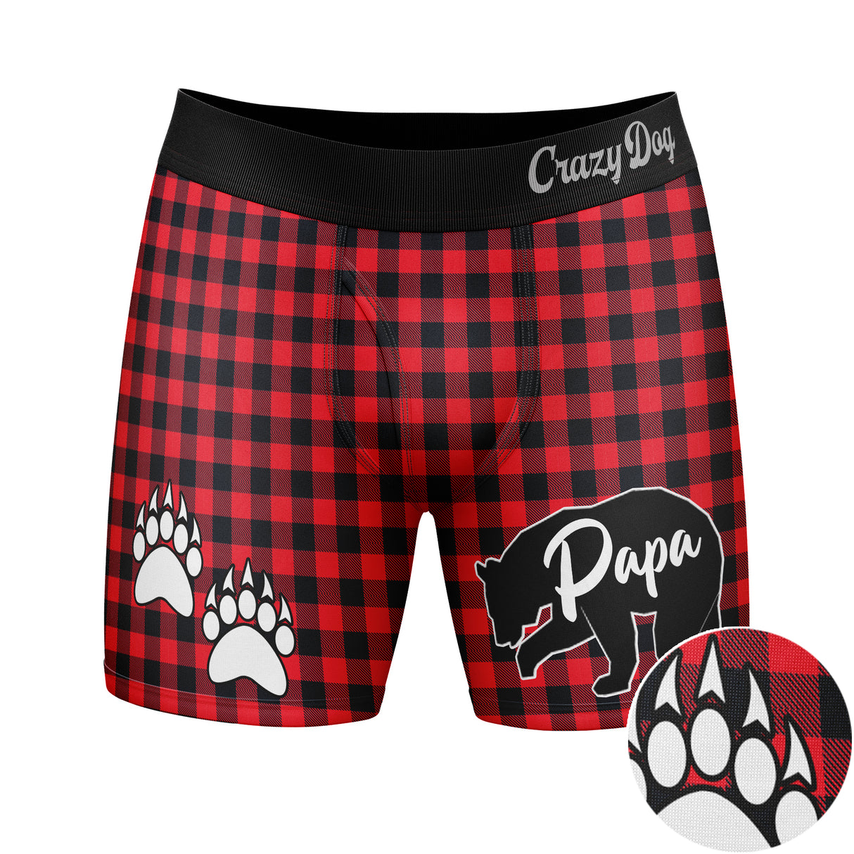 Mens Papa Bear Boxers Funny Fathers Day Paw Print Plaid Graphic Novelty Underwear For Guys