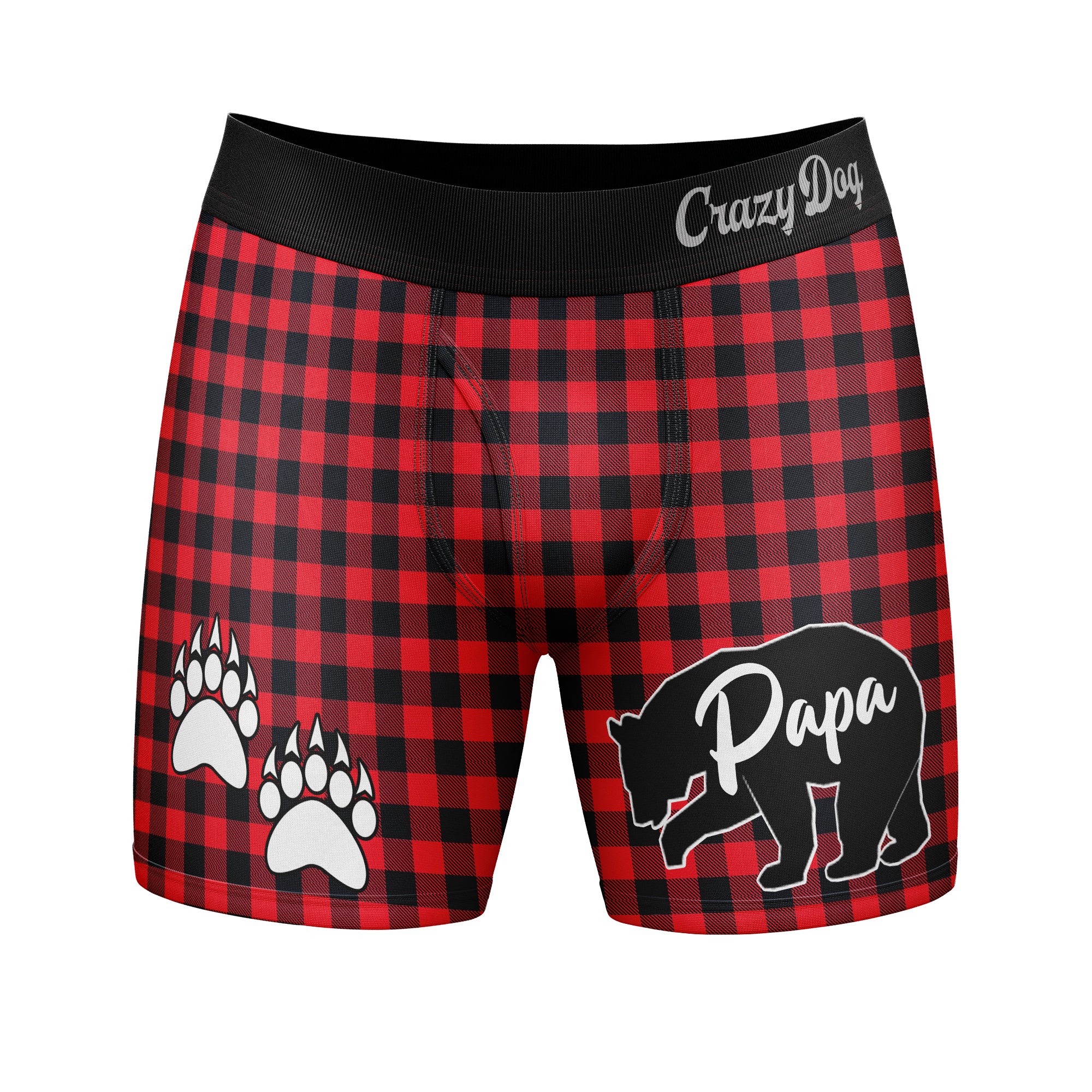Mens Papa Bear Boxers Funny Fathers Day Paw Print Plaid Graphic