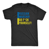 Mens Russian Warship, Go Fuck Yourself T Shirt Cool Ukrainian Flag Support Quote Graphic Tee For Guys