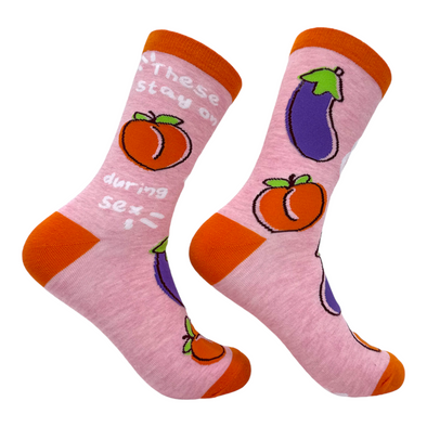Women's These Stay On During Sex Socks Funny Silly Naughty Eggplant Peach Footwear