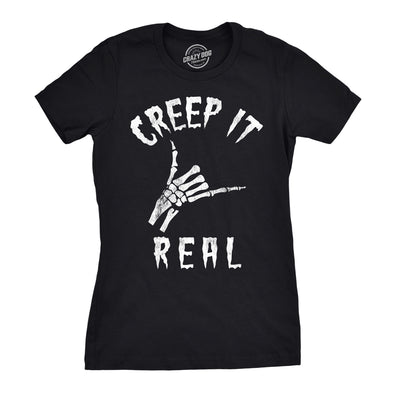 Womens Creep It Real Tshirt Funny Skeleton Halloween Shaka Tee