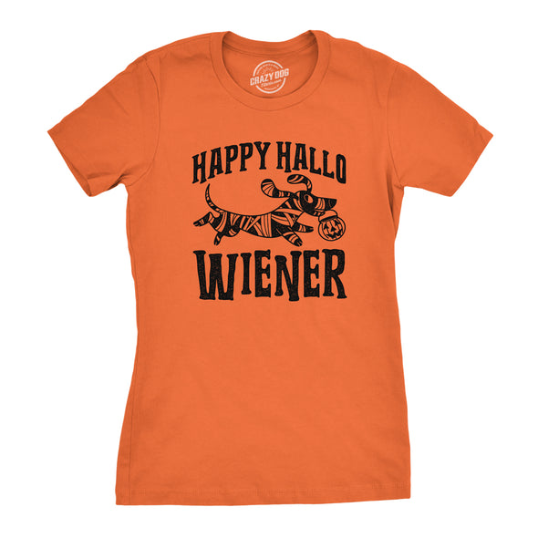 Womens Happy Hallo Wiener Tshirt Funny Halloween Dog Tee