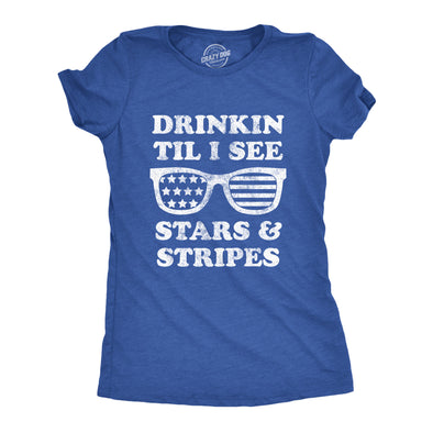 Womens Drinkin Til I See Stars And Stripes Tshirt Funny 4th Of July Sunglasses Graphic Tee