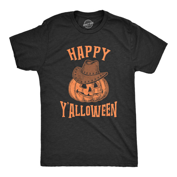 Mens Happy Y'alloween Tshirt Funny Halloween Jack-O-Lantern Cowboy Graphic Novelty Tee