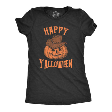 Womens Happy Y'alloween Tshirt Funny Halloween Jack-O-Lantern Cowboy Graphic Novelty Tee