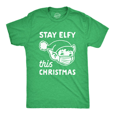 Mens Stay Elfy This Christmas Tshirt Funny Elf Mask Holiday Party Graphic Novelty Tee