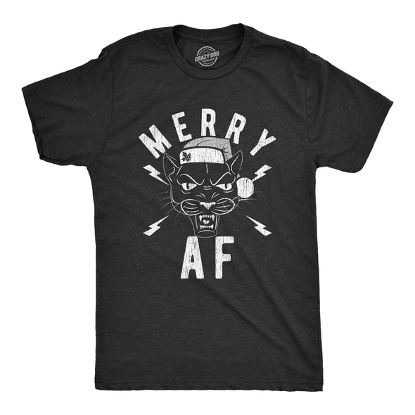 Mens Merry AF Tshirt Funny Christmas Santa Hat Cat Lover Novelty Graphic Tee