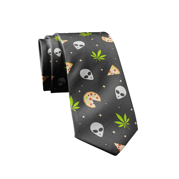 Alien Pizza Weed Necktie Funny Stoner 420 UFO Munchies Sarcastic Formealwear Tie for Party