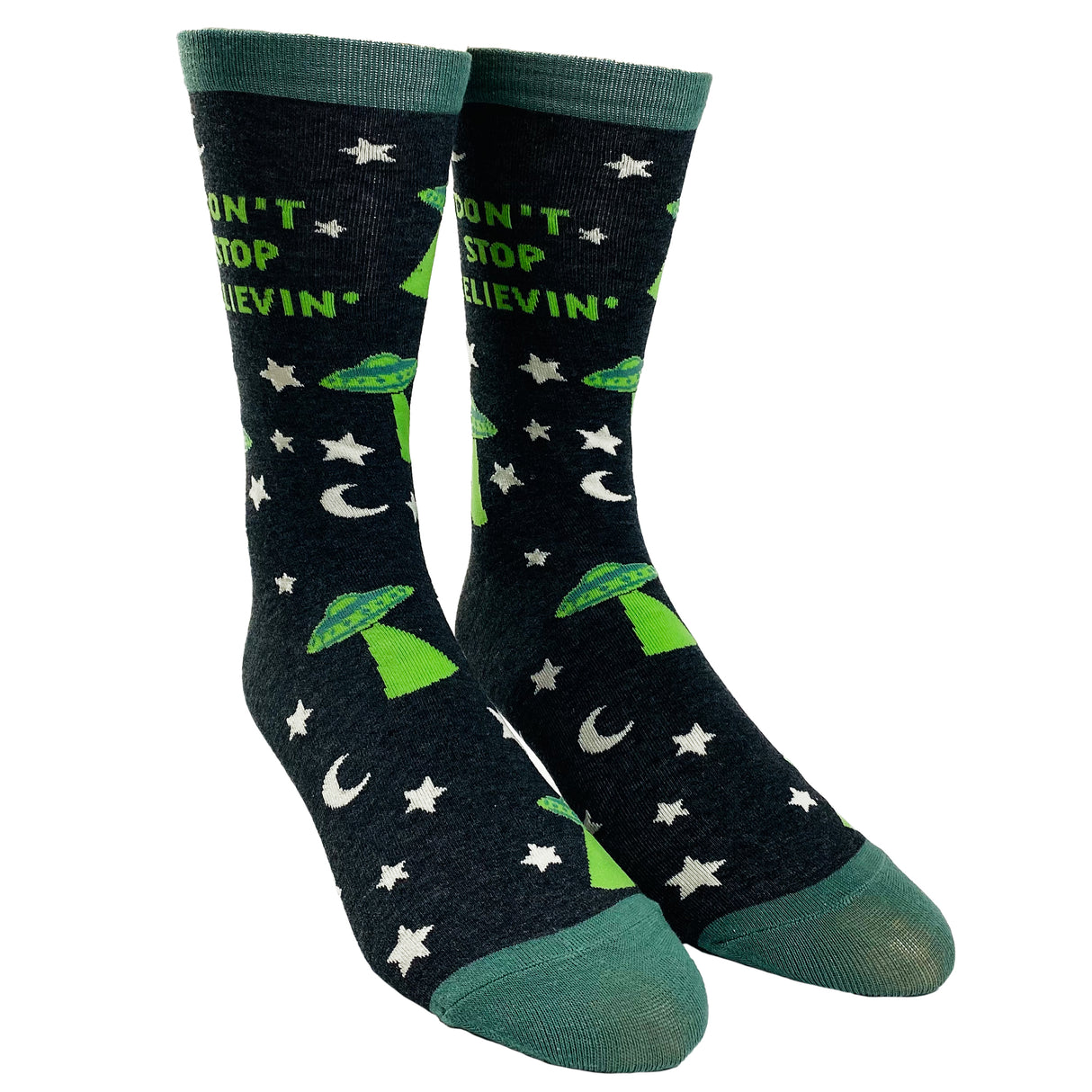 Men's Don't Stop Believin' Socks Funny UFO Space Alien Sci Fi Footwear