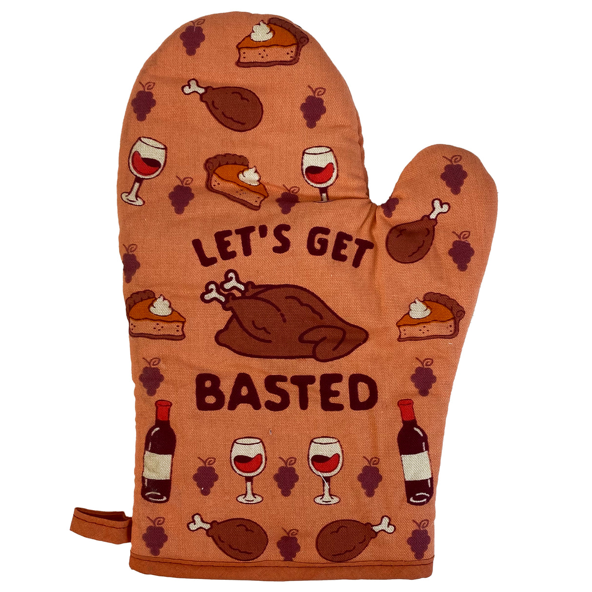 Let's Get Basted Oven Mitt Funny Thanksgiving Wine Drinking Feast Graphic Kitchen Glove