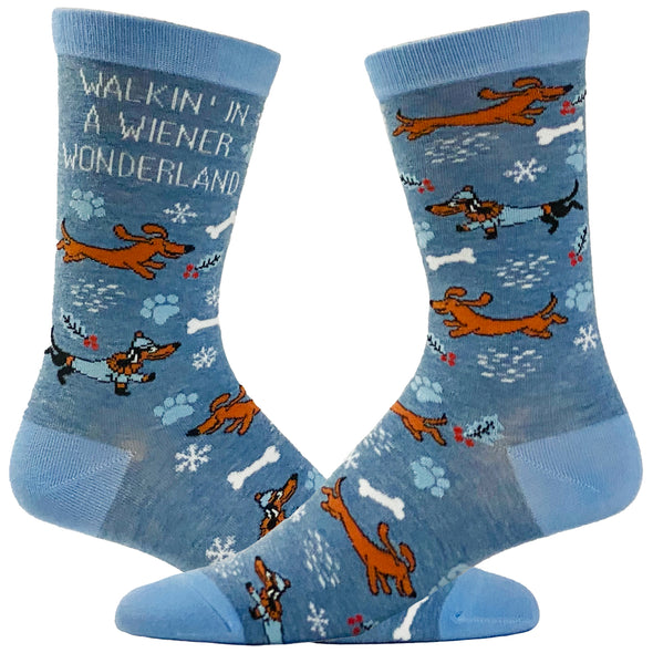 Women's Walkin In A Wiener Wonderland Socks Funny Winer Weather Christmas Dog Lover Footwear