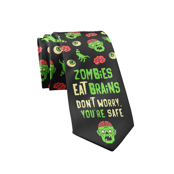 Zombies Eat Brains Don't Worru You're Safe Necktie Funny Halloween Undead Graphic Novelty Tie