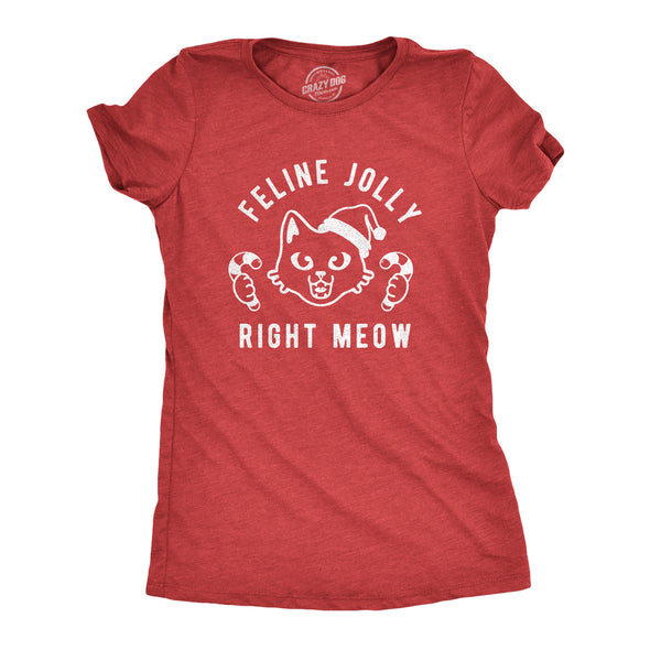 Womens Feline Jolly Right Meow Tshirt Funny Christmas Cat Kitten Lover Graphic Tee