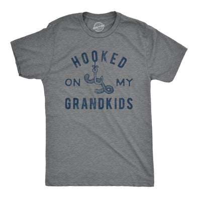 Mens Hooked On My Grandkids Tshirt Funny Fishing Grandpa Novelty Graphic Tee
