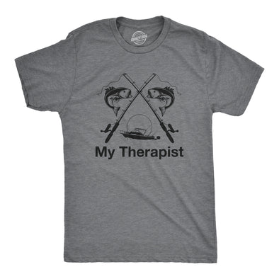 Mens My Therapist Fishing T shirt Funny Angler Fishing Pole Graphic Novelty Tee