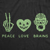 Womens Peace Love Brains Tshirt Funny Halloween Skeleton Zombie Graphic Tee