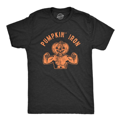 Mens Pumpkin Iron Tshirt Funny Halloween Workout Fitness Jack-O-Lantern Graphic Tee