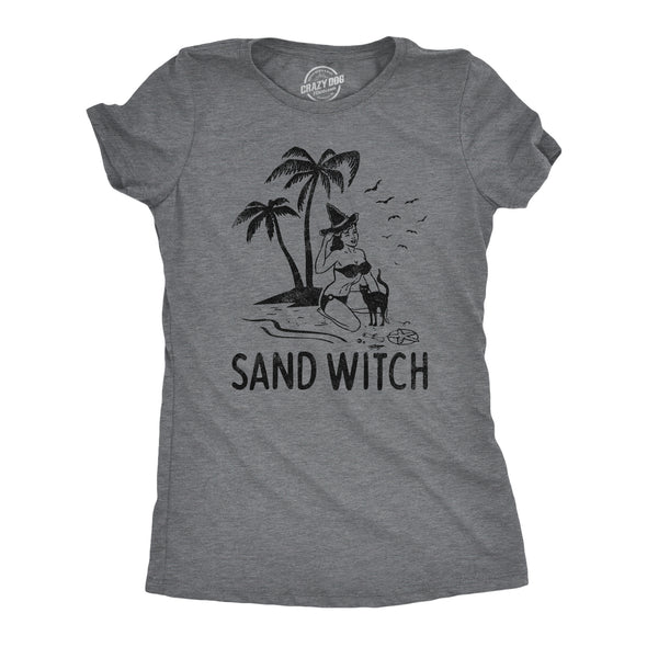 Womens Sand Witch Tshirt Funny Beach Halloween Black Cat Novelty Tee