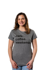 Womens Cats Coffee Weekend T Shirt Cat Mom Tee Addicted to Caffeine Top