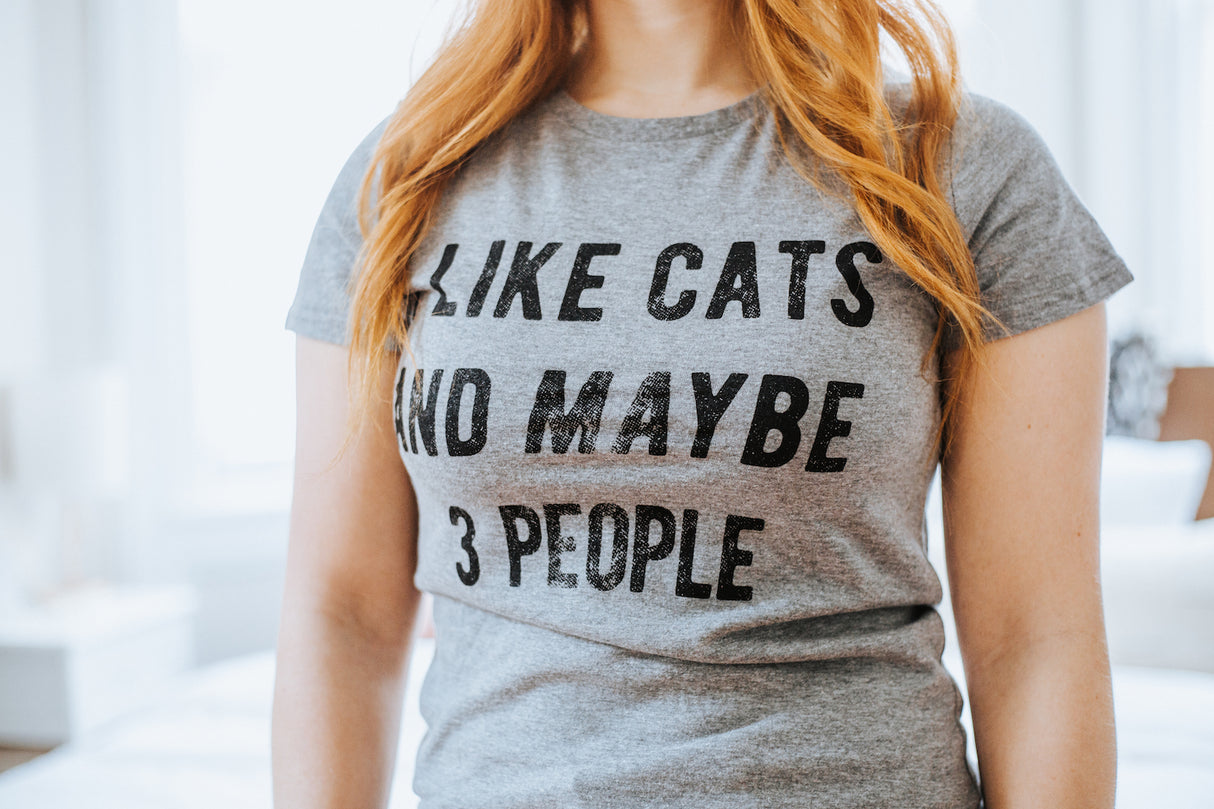 Womens I Like Cats And Maybe 3 People T shirt Funny Pet Lover Cool Humor Graphic