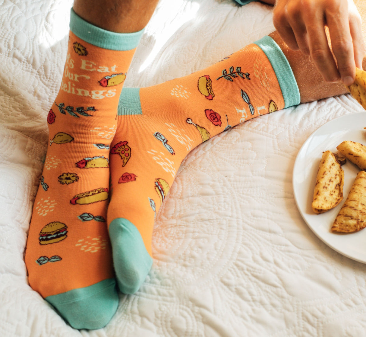 Women's Let's Eat Our Feelings Socks Funny Snacks Junk Food Hot Dog Pizza Cheeseburger Footwear